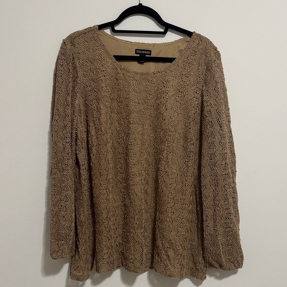 Nina Leonard Textured Tan Long Sleeve Top